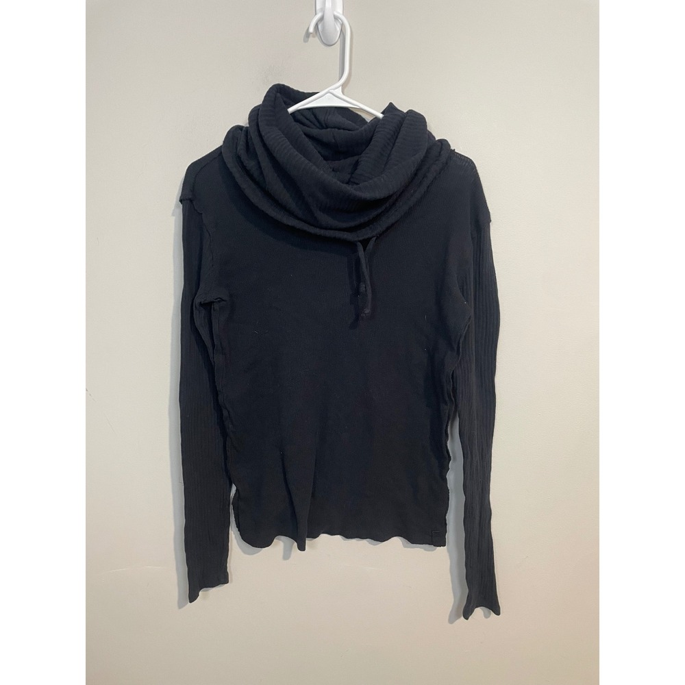 Free People We The Free Black Thermal Funnel Neck Drawstring Knit Top Size Small
